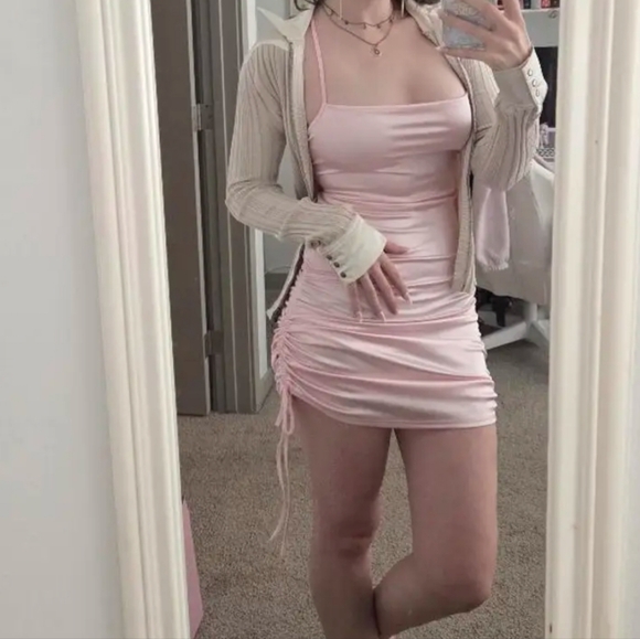 Pink Satin Drawstring Ruched Criss-cross Back Adjustable Length Mini Dress (M) - Picture 8 of 13